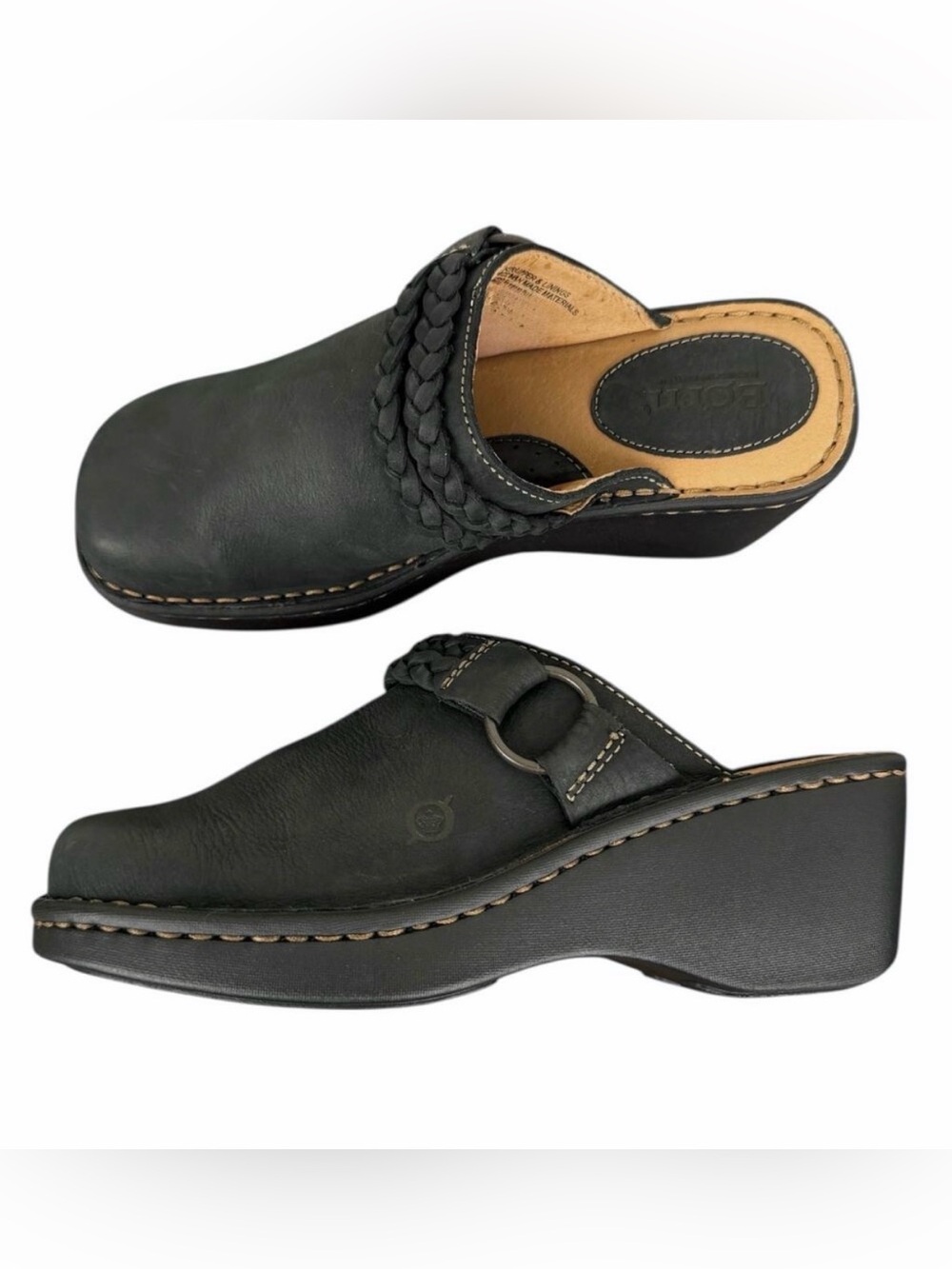 Born Black Leather Clogs Slip-On Block Heel Shoes Size 7 Classy Y2K Inspired NEW